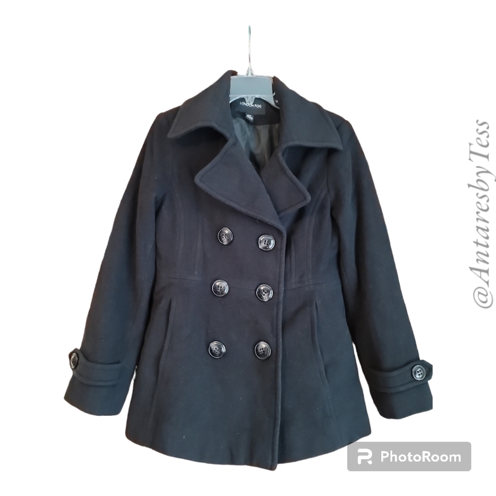London Fog PM womens double breasted pea coat wool/nylon w full lining black